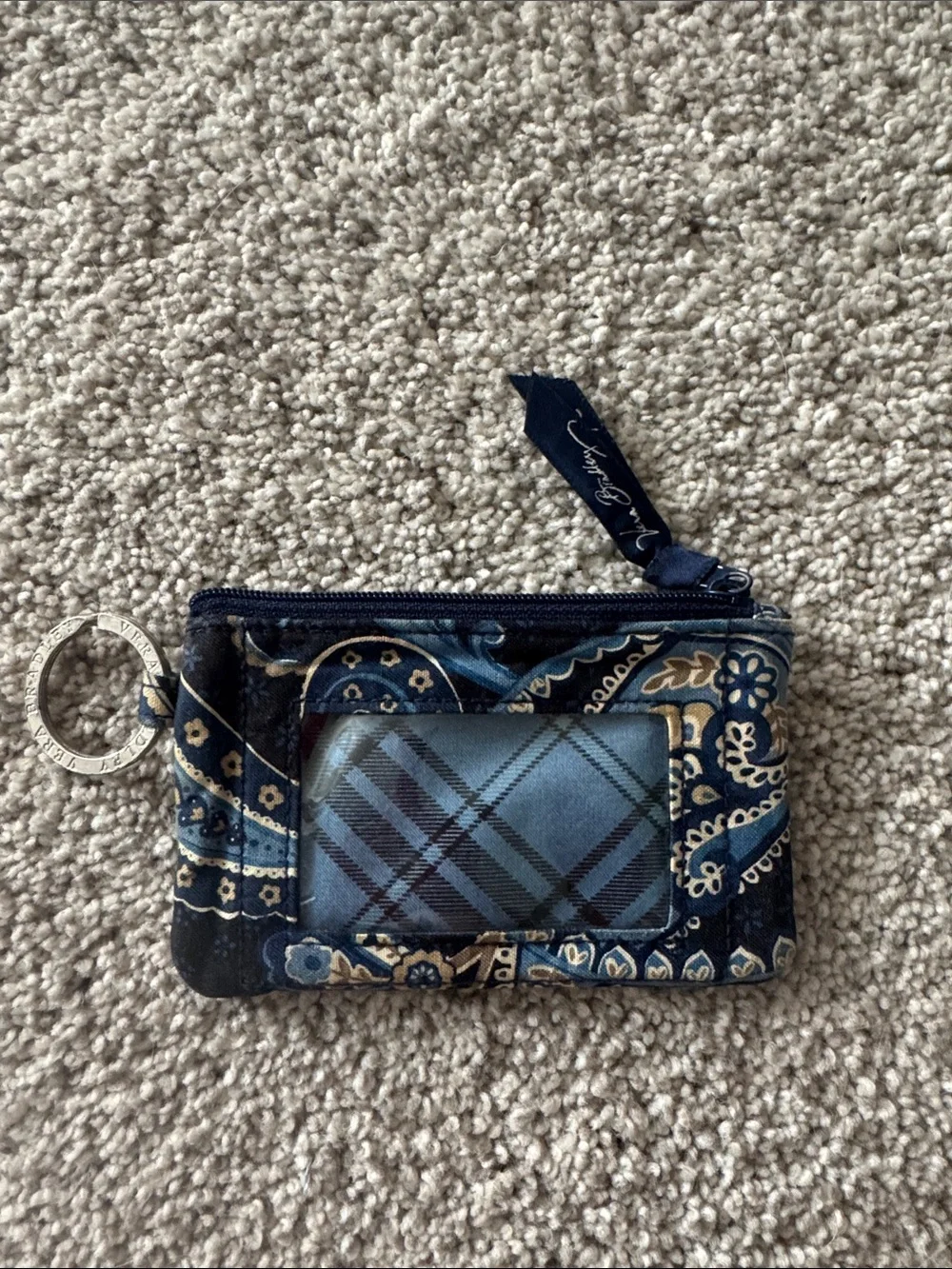Vera Bradley Navy Paisley ID Zip Card Case with Key Ring